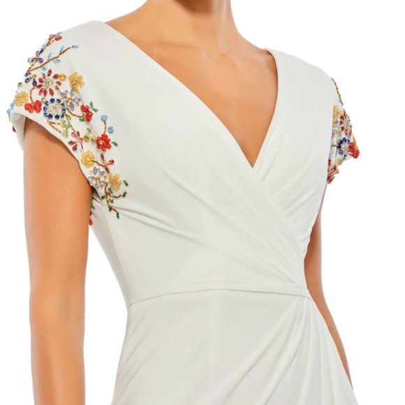 MAC DUGGAL EMBELLISHED CAP SLEEVE JERSEY STRETCH WRAP WHITE GOWN SZ 6 - Picture 4 of 9